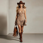 Women's Western Suede Mini Dress: Hidden Khaki, Deep V-Neck, Sleeveless, Fringed, Waist-Cinching
