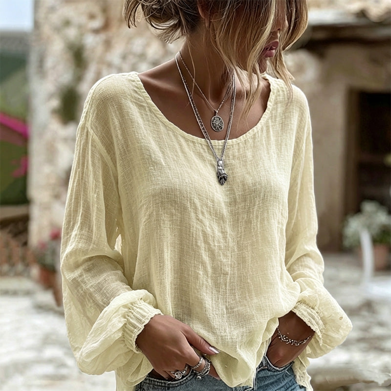 Women's Solid Color Crew Neck Linen Blend Casual T-shirt