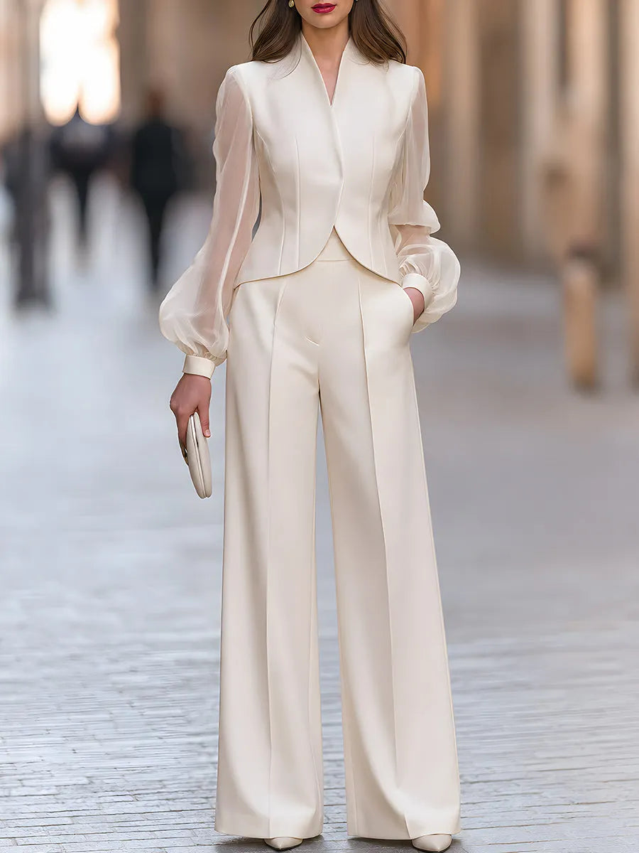 Ivory Sheer Sleeve Blazer With Wide Leg Trousers Set