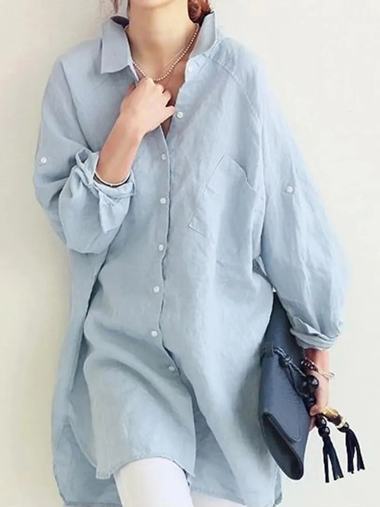 Vintage Women's Cotton Linen Pocket Casual Shirt Skirt