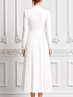 Ivory Stand Collar Gold Button Pleated A-Line Midi Dress