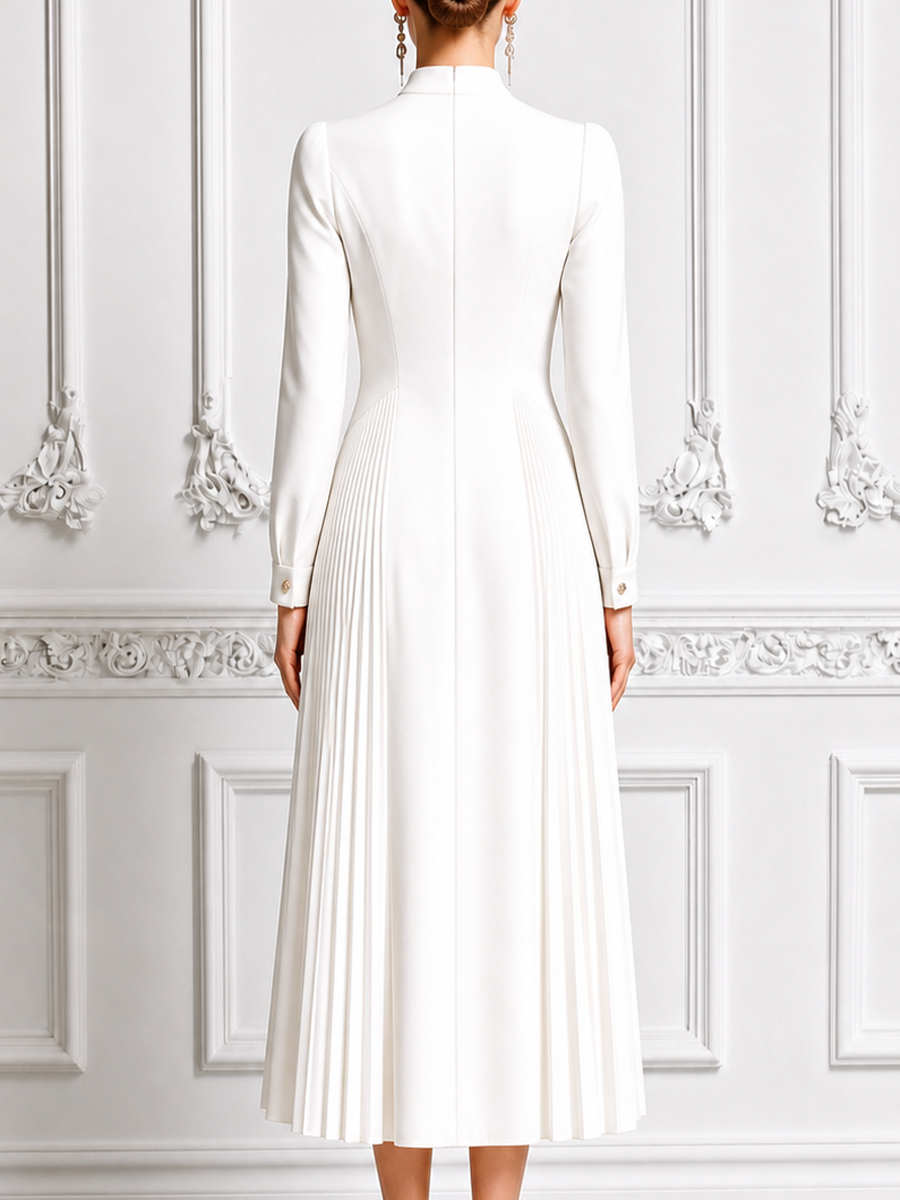 Ivory Stand Collar Gold Button Pleated A-Line Midi Dress