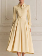 Pale Yellow Pointed Collar Long Sleeve Crystal Belted Pleated A-Line Shirt Midi Dress