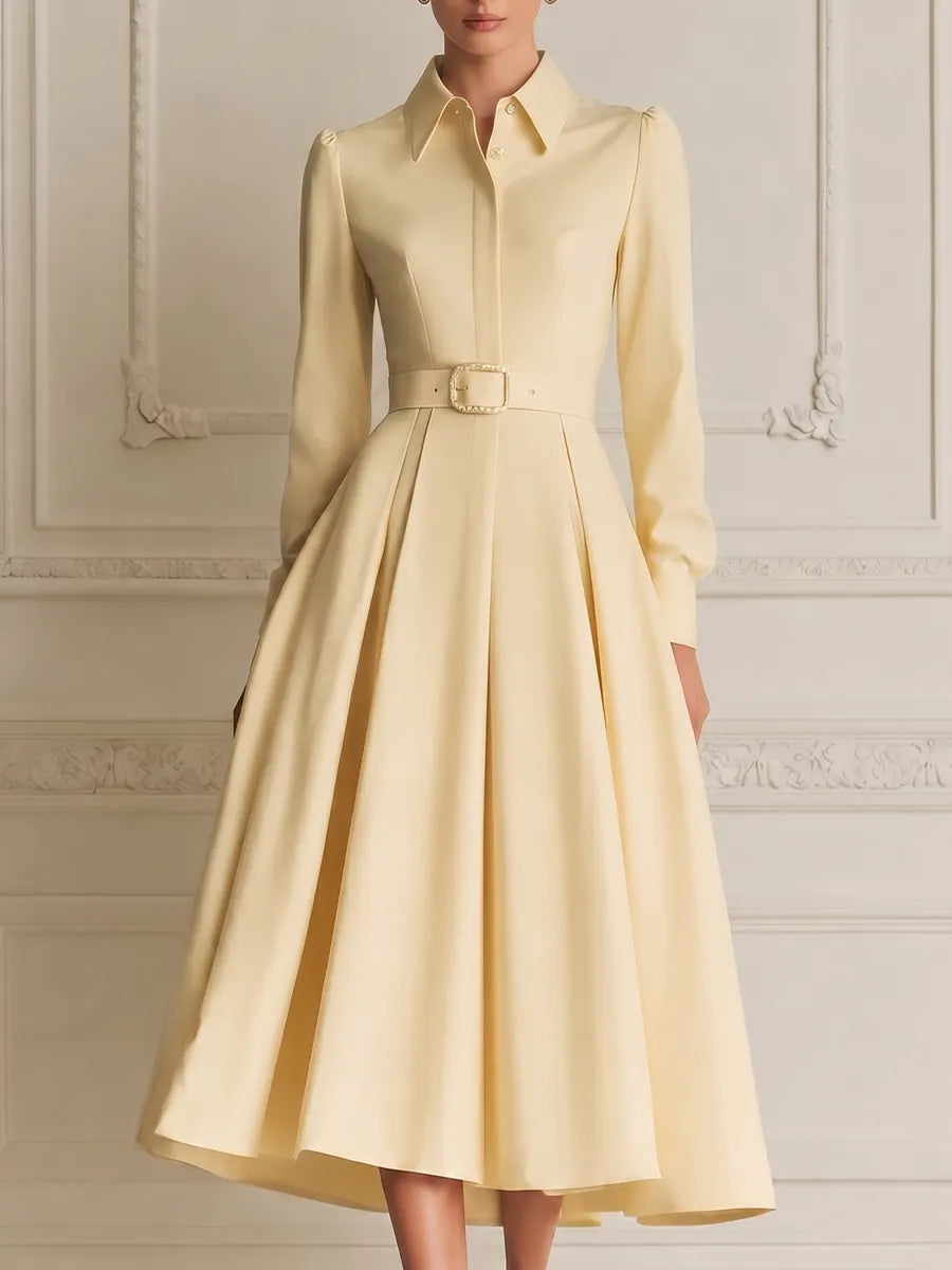 Pale Yellow Pointed Collar Long Sleeve Crystal Belted Pleated A-Line Shirt Midi Dress