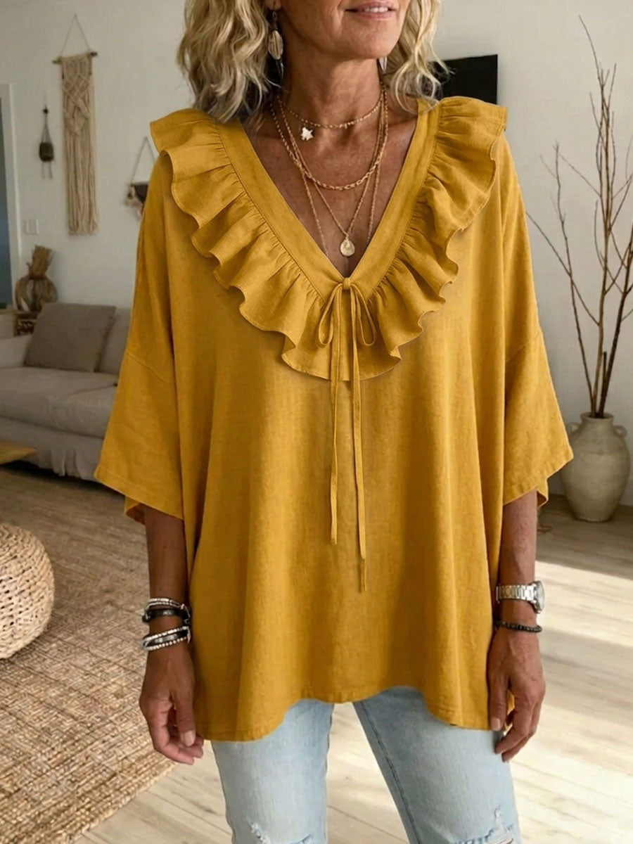 Women's Solid-color Ruffled V-neck 3/4-sleeve Casual Loose Cotton-linen Top