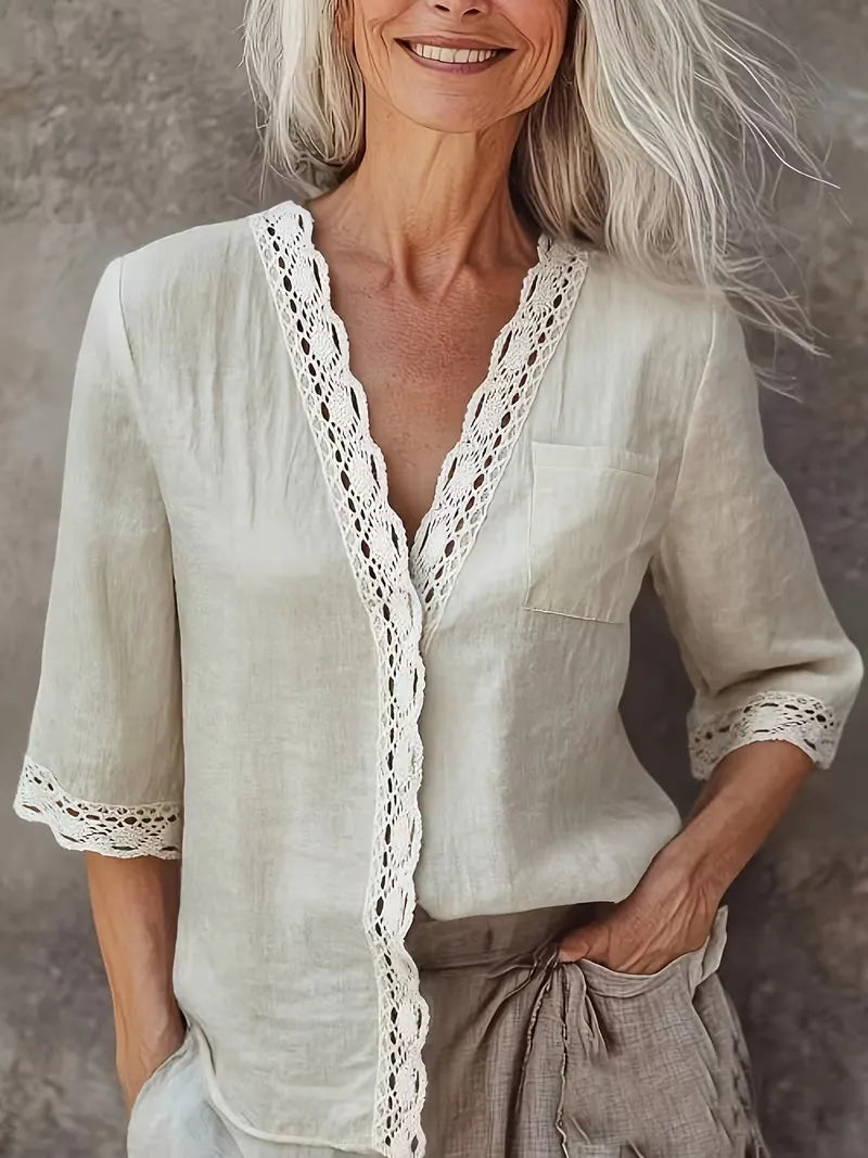 Women's Minimalist Casual Long-sleeve V-neck Lace Trim Shirt