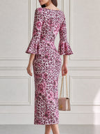 Pink Leopard & Peony Print Bell Sleeve Bodycon Midi Dress