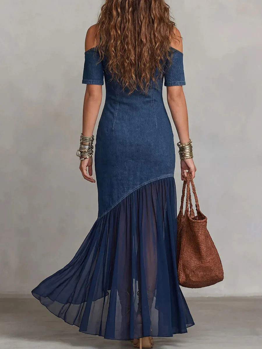Women's Off-Shoulder Mesh Hem Short-Sleeve Dress