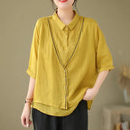Women's Embroidery Button Down Cotton Linen Casual Shirt
