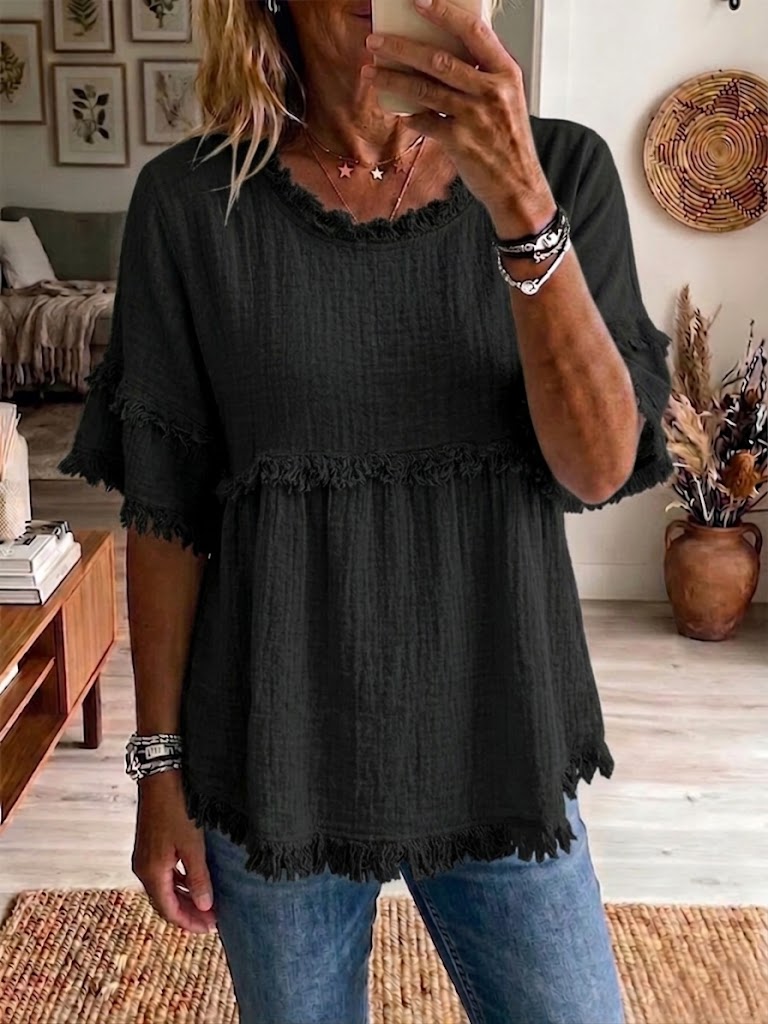 Casual Short-sleeve Raw-hem Linen-blend Top
