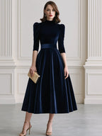 Elegant Velvet Puff Sleeve High Neck A Line Midi Dress