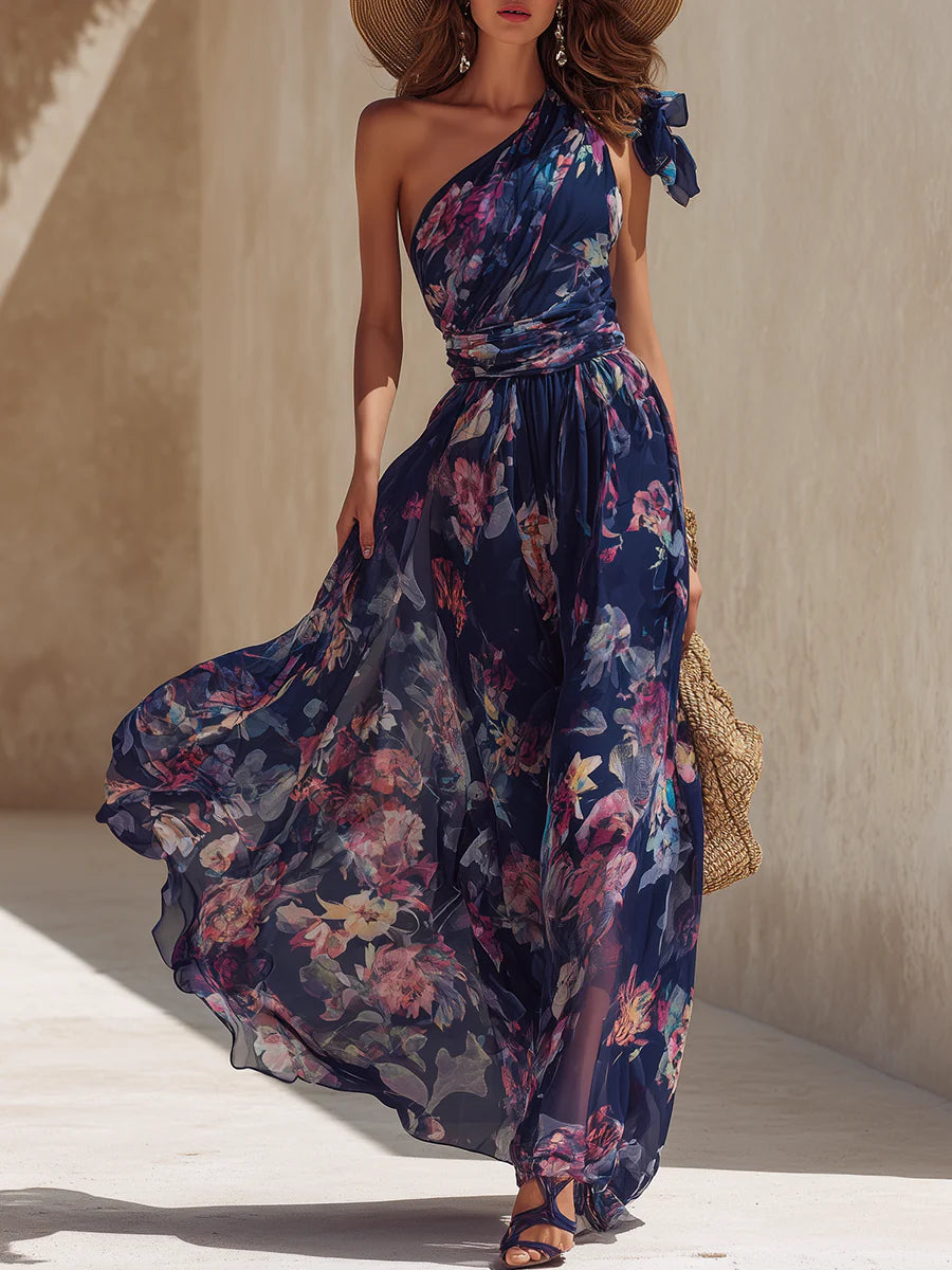 Vacation One-Shoulder Floral Chiffon Maxi Dress