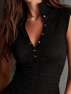 Stand Collar Black Shimmer Ribbed Ruched Button-Front Top