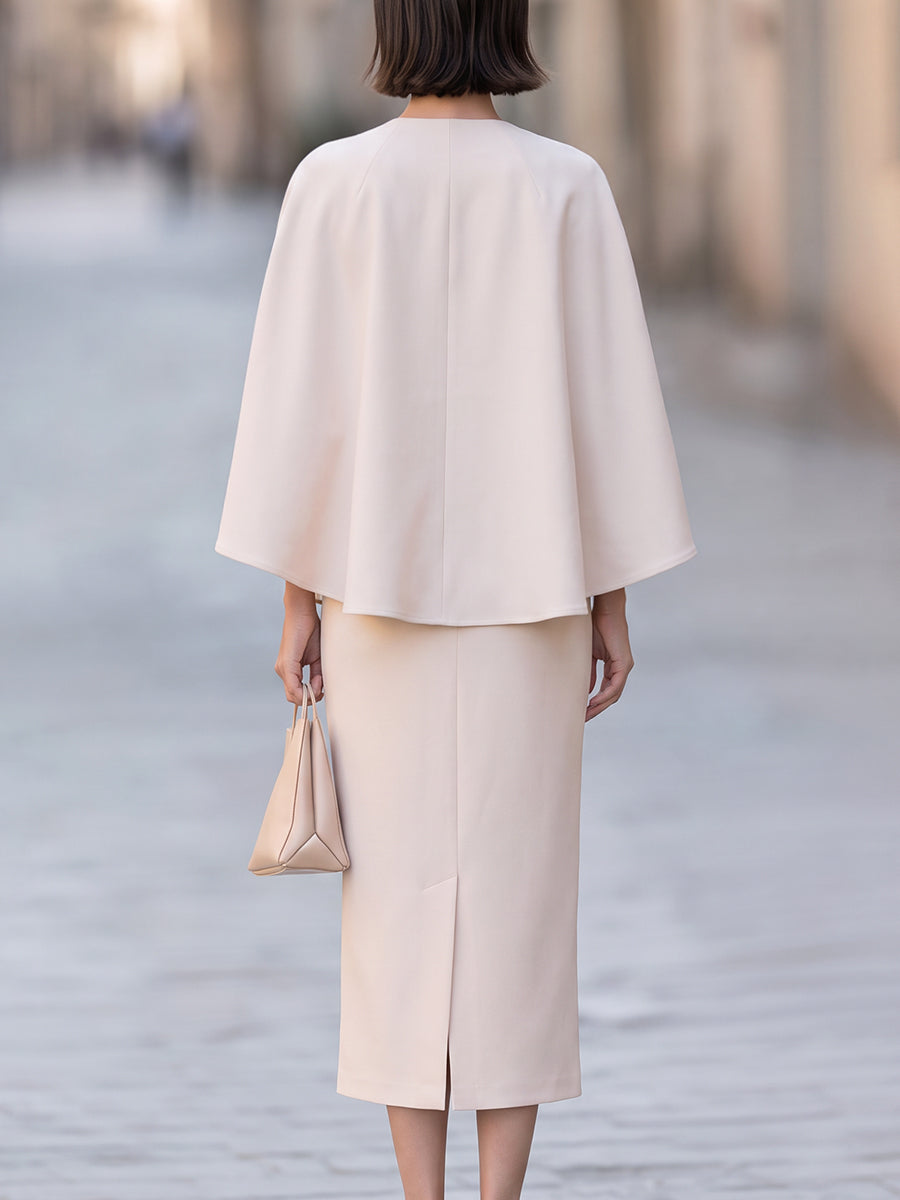 Women's Elegant Cape Poncho Top & Midi Pencil Skirt Two-Piece Set