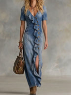 Women's V-neck Short-sleeve Ruffled Denim Dress