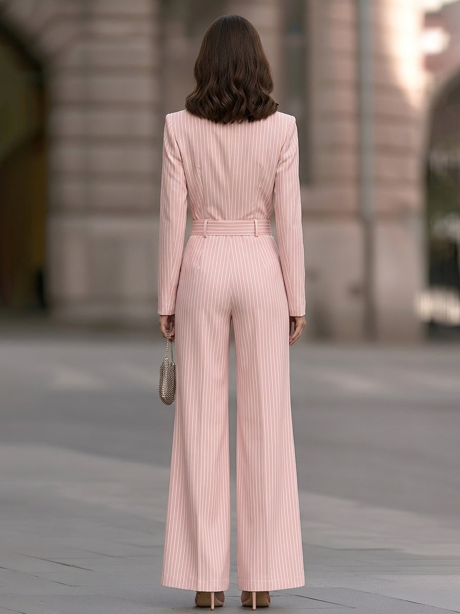 Women's Pinstripe Long Sleeve Notch Collar Wide Leg Jumpsuit with Belt
