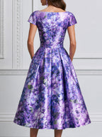 Lilac Hydrangea Print Satin Midi A-Line Dress