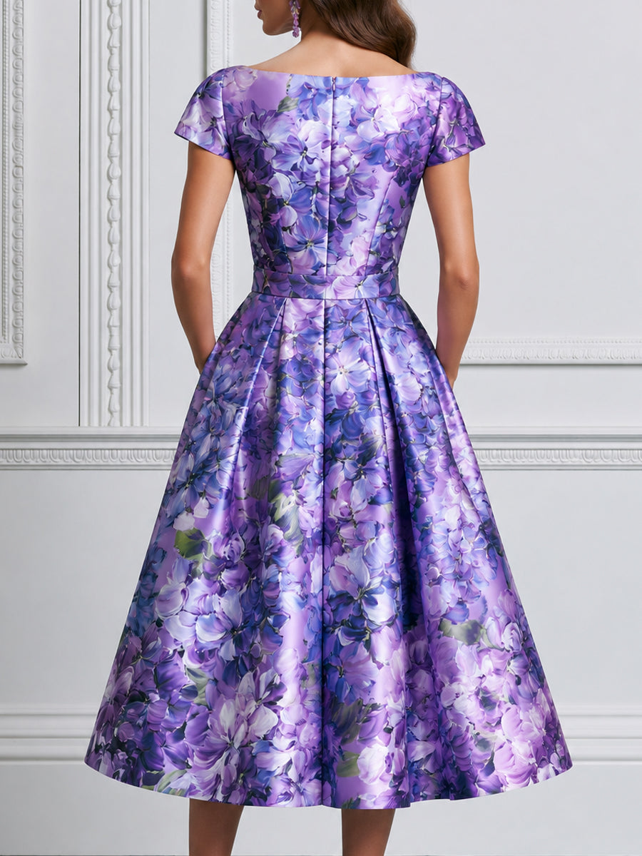 Lilac Hydrangea Print Satin Midi A-Line Dress