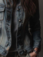 Washed And Faded Utility Denim Jacket With Epaulettes