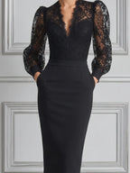 Black Lace Dress Fall Wedding Guest Dress Puff Sleeve Pencil Midi Dress