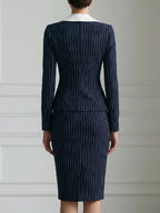Contrast Collar Floral Pinstripe Blazer And Pencil Skirt Set