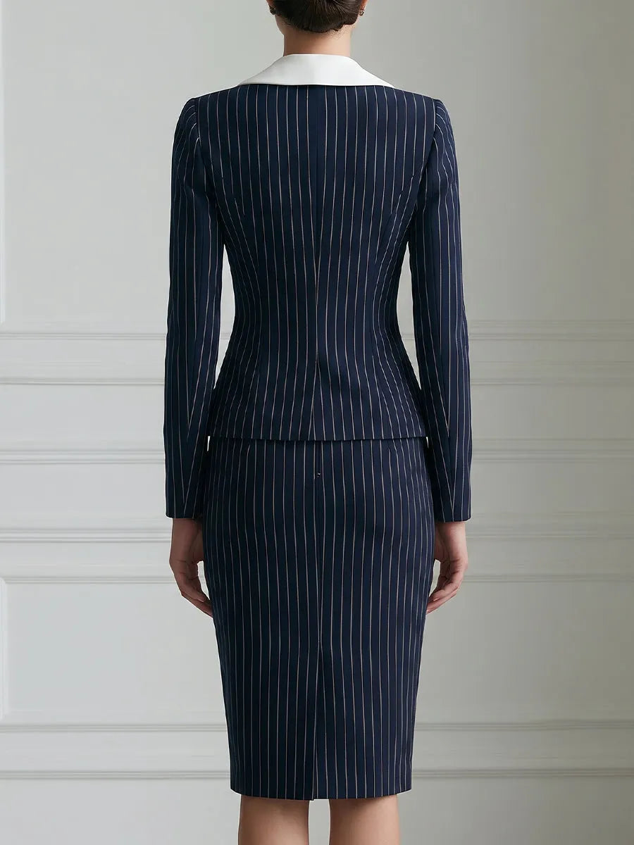 Contrast Collar Floral Pinstripe Blazer And Pencil Skirt Set