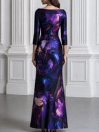 Purple Iris Printed Mermaid Maxi Evening Dress