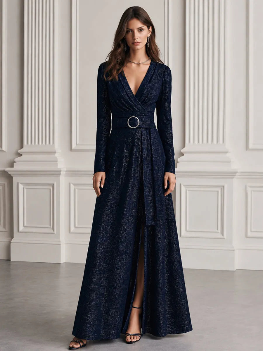 Lurex Surplice V-Neck Circle Buckle Belt Maxi Evening Gown