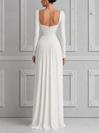 White Dress Sweetheart Neck Ruched Long Sleeve Maxi Dress