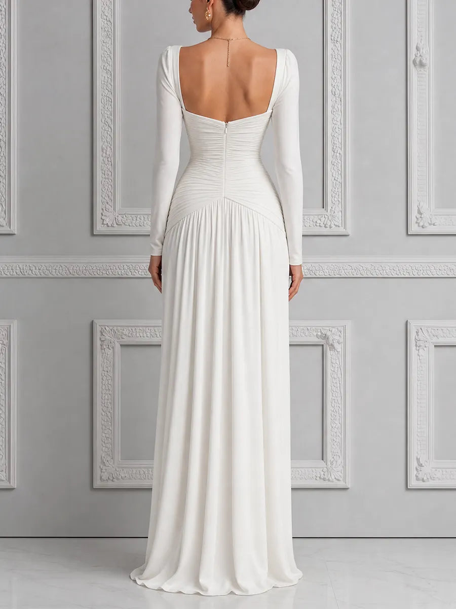 White Dress Sweetheart Neck Ruched Long Sleeve Maxi Dress