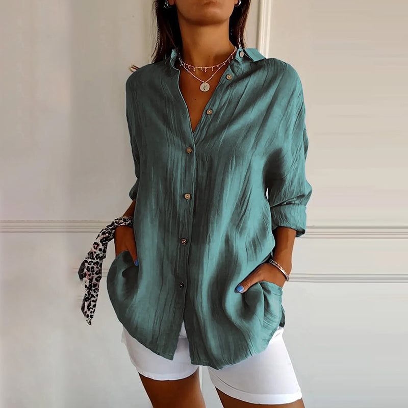Casual Single Breasted Pleated Lapel Solid Color Cotton Linen Shirt