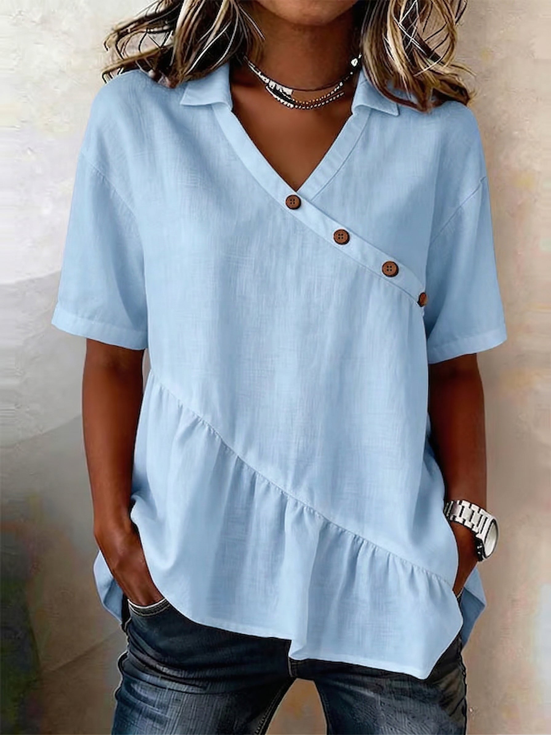 Casual Buttons Ruffled Hem Cotton-linen Shirt Top
