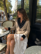 Quiet Luxe Satin Scarf Collar Knit Sweater Top