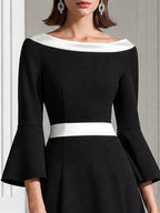 Color-Block Bateau Neck Bell Sleeve A-Line Midi Dress