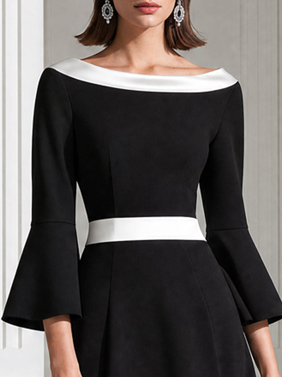 Color-Block Bateau Neck Bell Sleeve A-Line Midi Dress