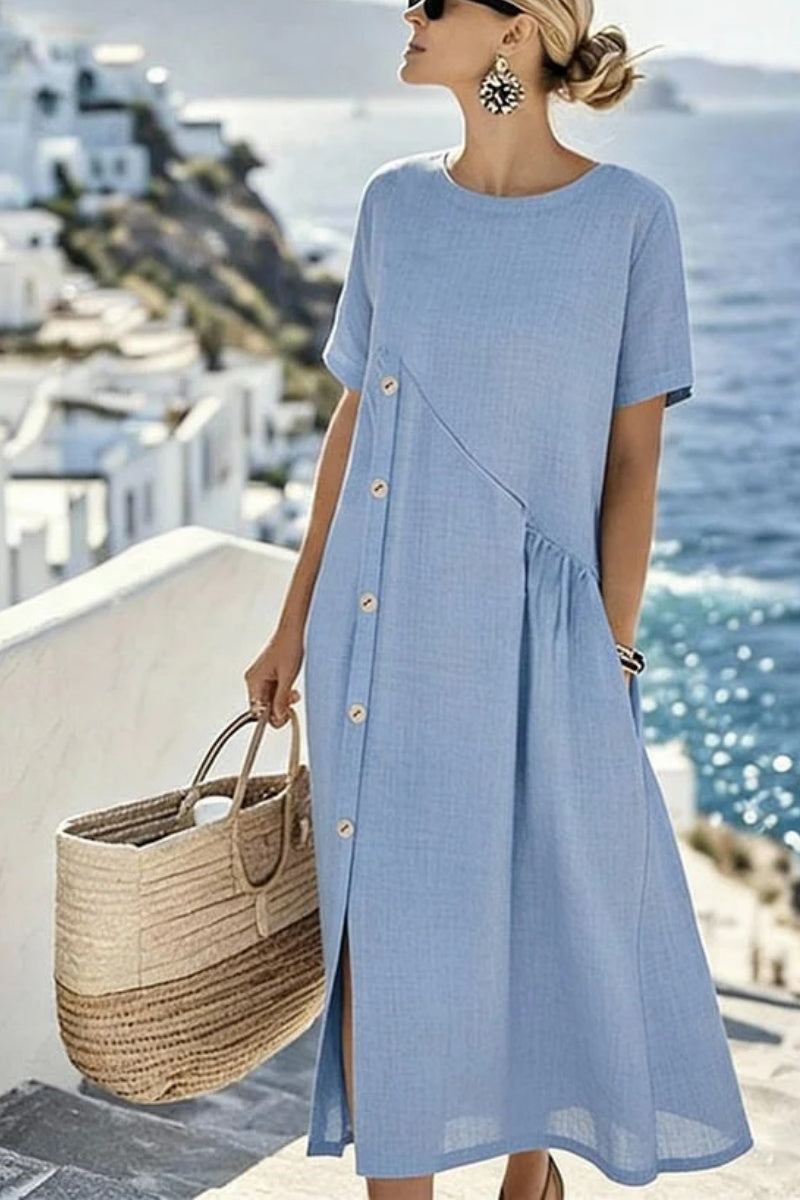 Button-decorated Pleated Pocket Midi Dress