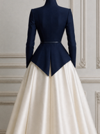 Navy Stand Collar Peplum Jacket &  A-Line Midi Skirt Two-Piece Suit Set