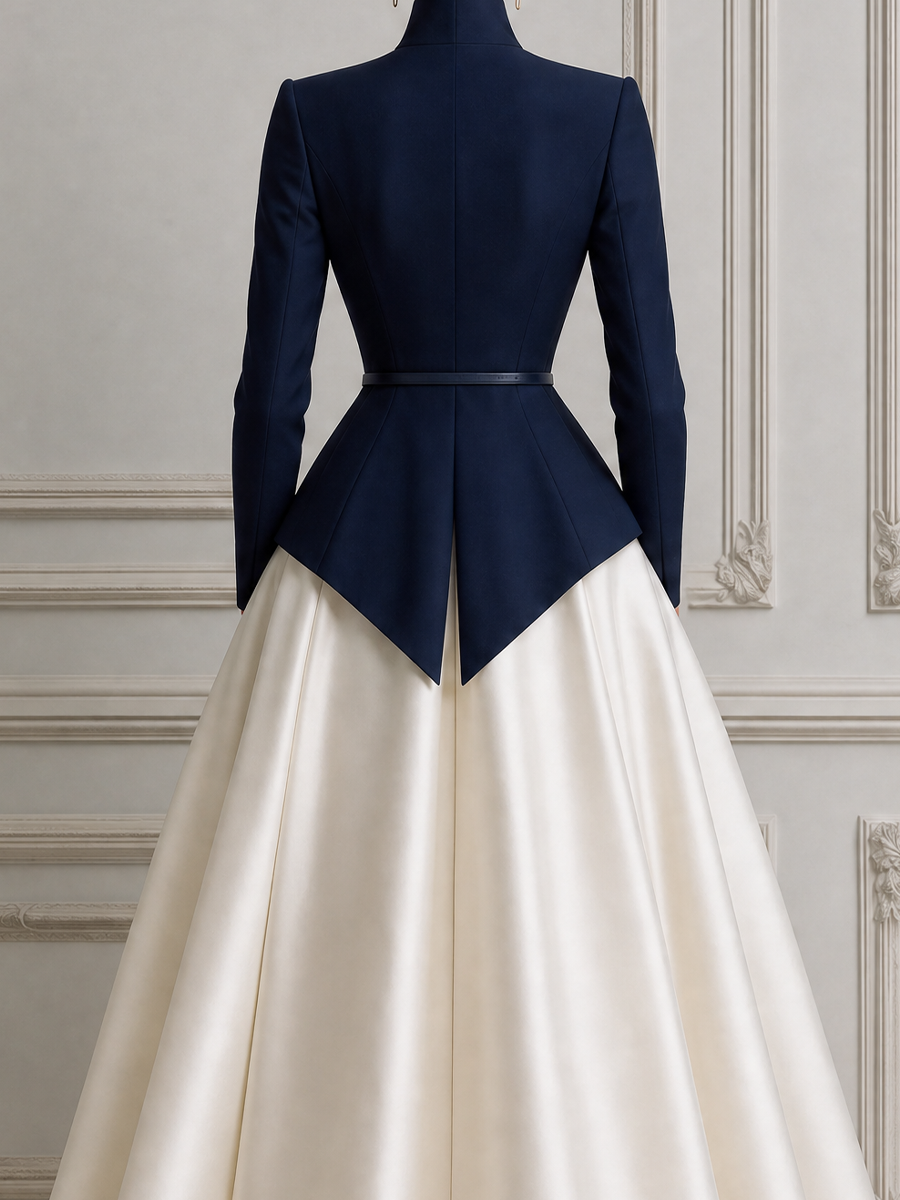 Navy Stand Collar Peplum Jacket &  A-Line Midi Skirt Two-Piece Suit Set