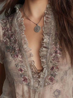 Vintage Floral Printed Ruffled Lace Trim Sheer Chiffon Blouse With Neckline Embroidery