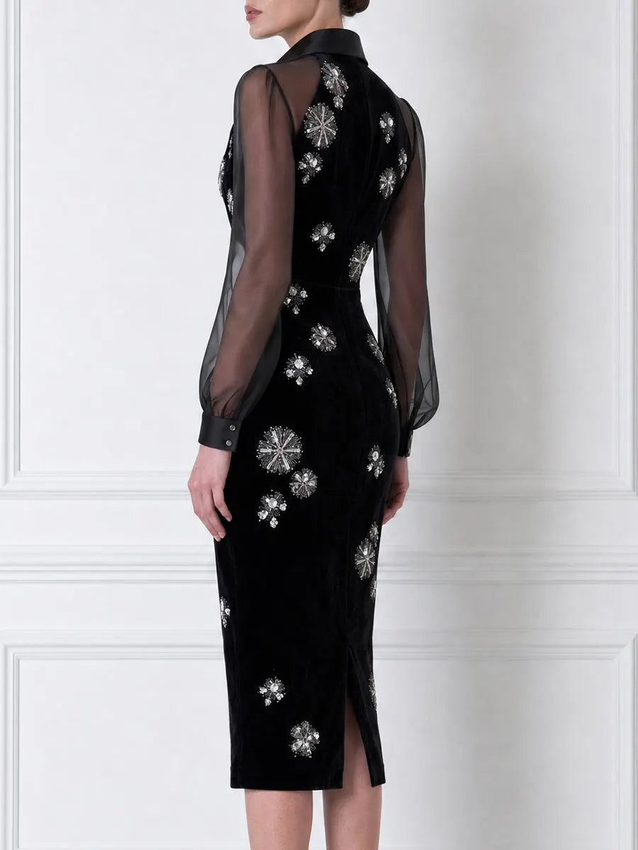 Beaded Firework Floral Sheer Sleeve Collared Velvet Bodycon Midi Dress