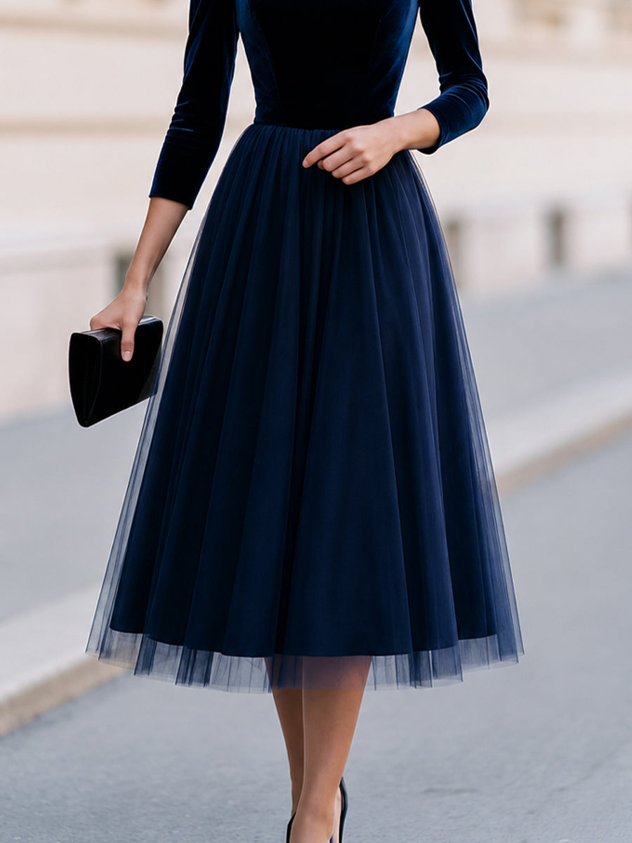 Velvet Tulle Midi Dress For Cocktail, Wedding Guest & Formal Evening Occasions