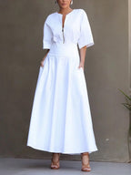 Women's Solid-color Round-neck 3/4-sleeve Casual Loose Cotton-linen Dress