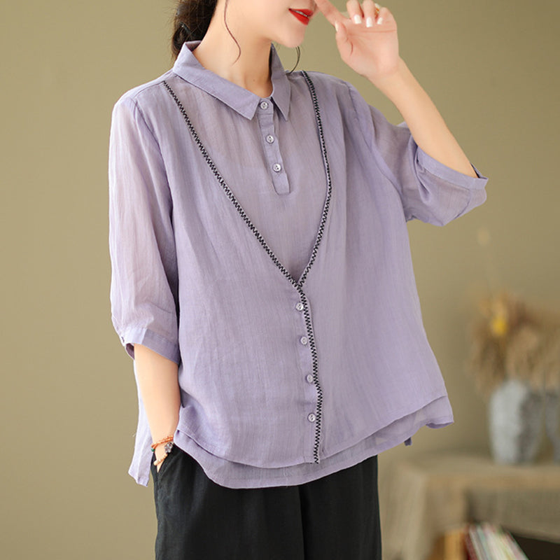 Women's Embroidery Button Down Cotton Linen Casual Shirt