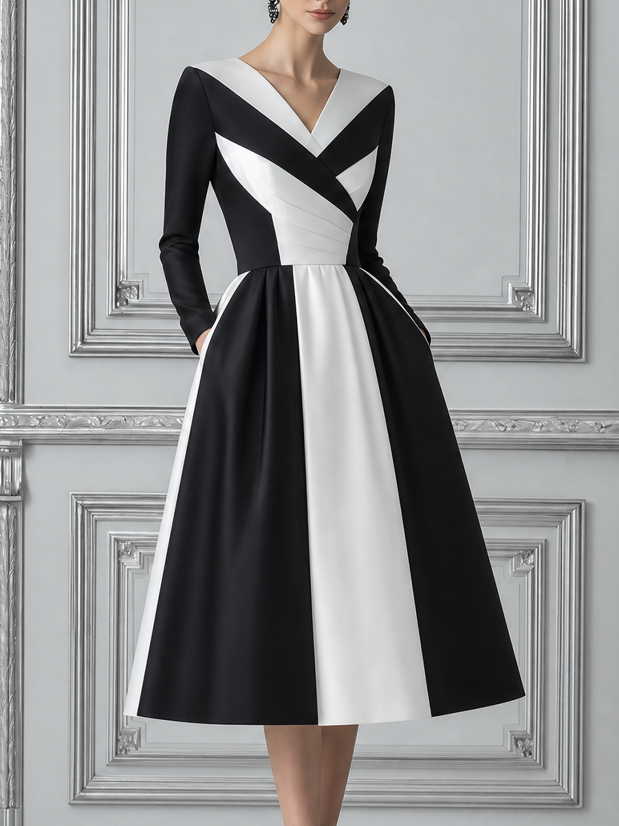 Black White Dress Fall Wedding Guest Dress Contrast Wrap A-Line Midi Dress