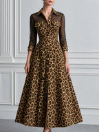 Leopard Print Mesh Patchwork Collared Shirt Midi Dress