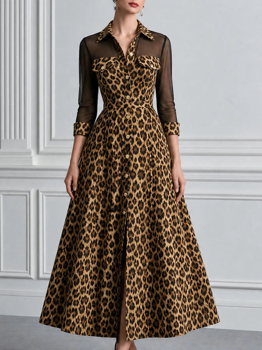 Leopard Print Mesh Patchwork Collared Shirt Midi Dress