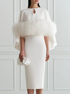 Elegant White Feather Trim Cape Sleeve Bodycon Midi Dress