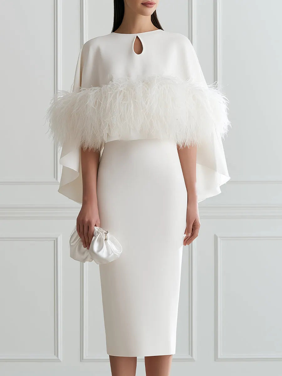 Elegant White Feather Trim Cape Sleeve Bodycon Midi Dress