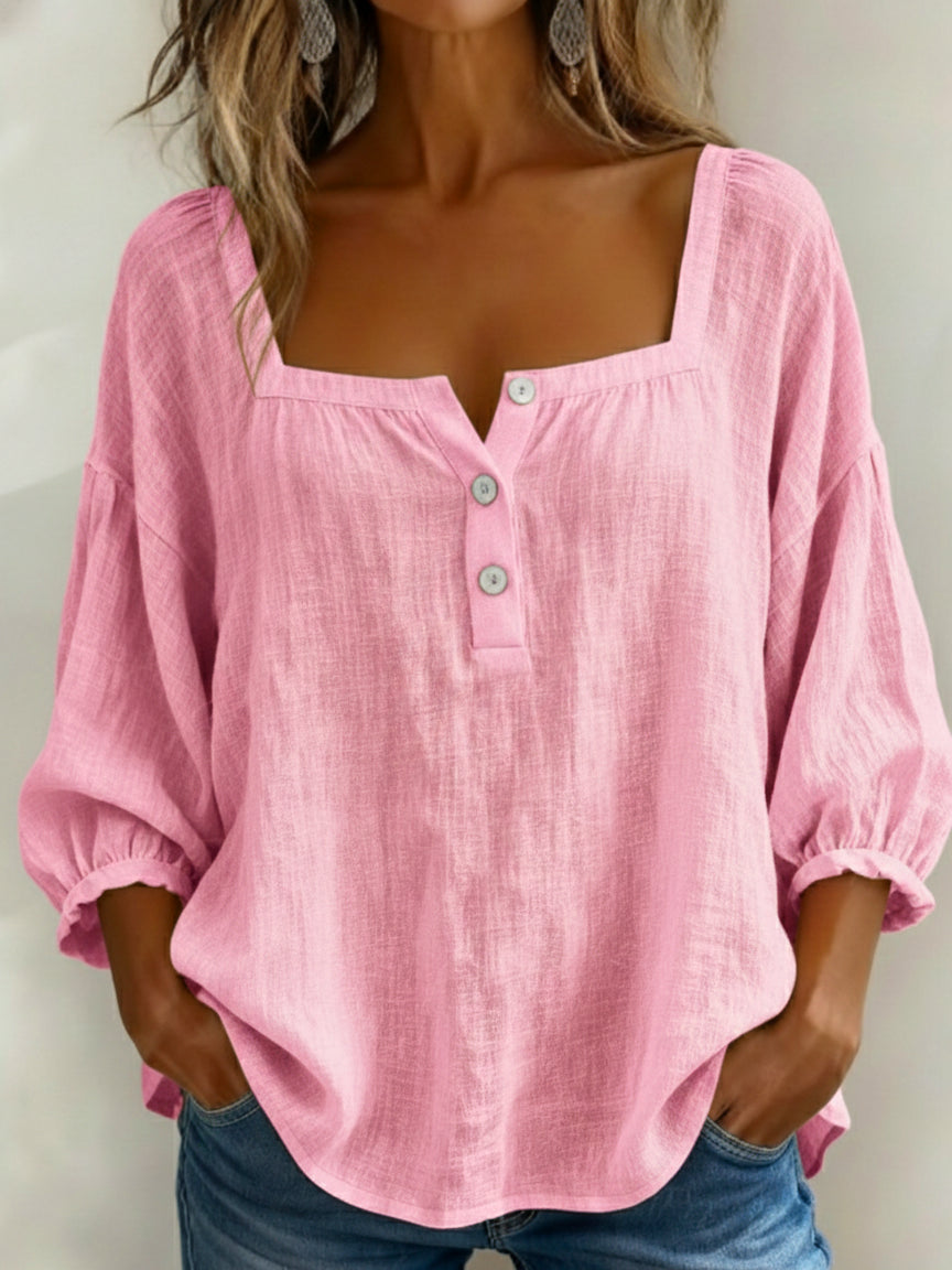 Women's Retro Casual Early Spring Square Collar Button Bubble Sleeve Cotton Shirt