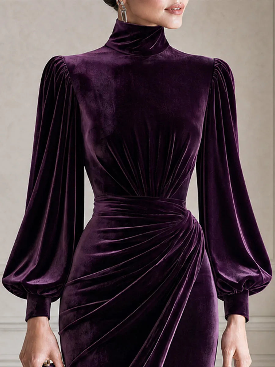 High Neck Puff Sleeve Ruched Velvet Midi Evening Dress